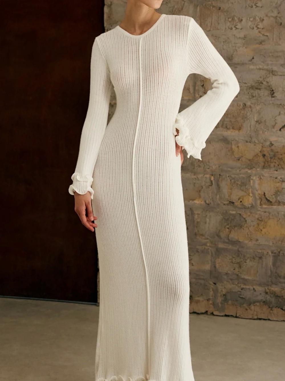 Commense Semi-Sheer Piping Ruffle Drawstring Knit Dress, S - Picture 6 of 7
